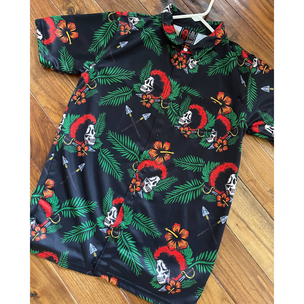 OAF Nation Mens Skull Tropical Floral Hawaiian Print Button Up Small